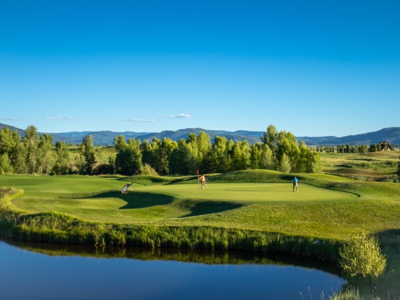 Golfers putting on green
